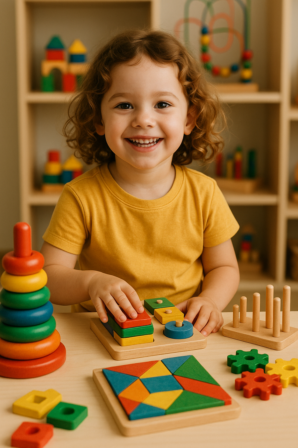 Criança sorridente brincando com brinquedos educativos de madeira coloridos