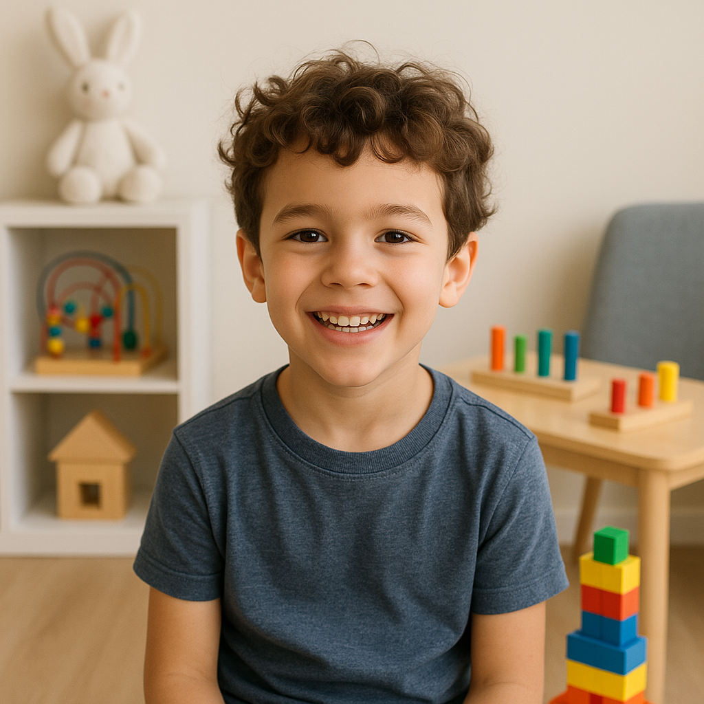 Menino sorridente com cabelos cacheados em ambiente terapêutico com brinquedos educativos