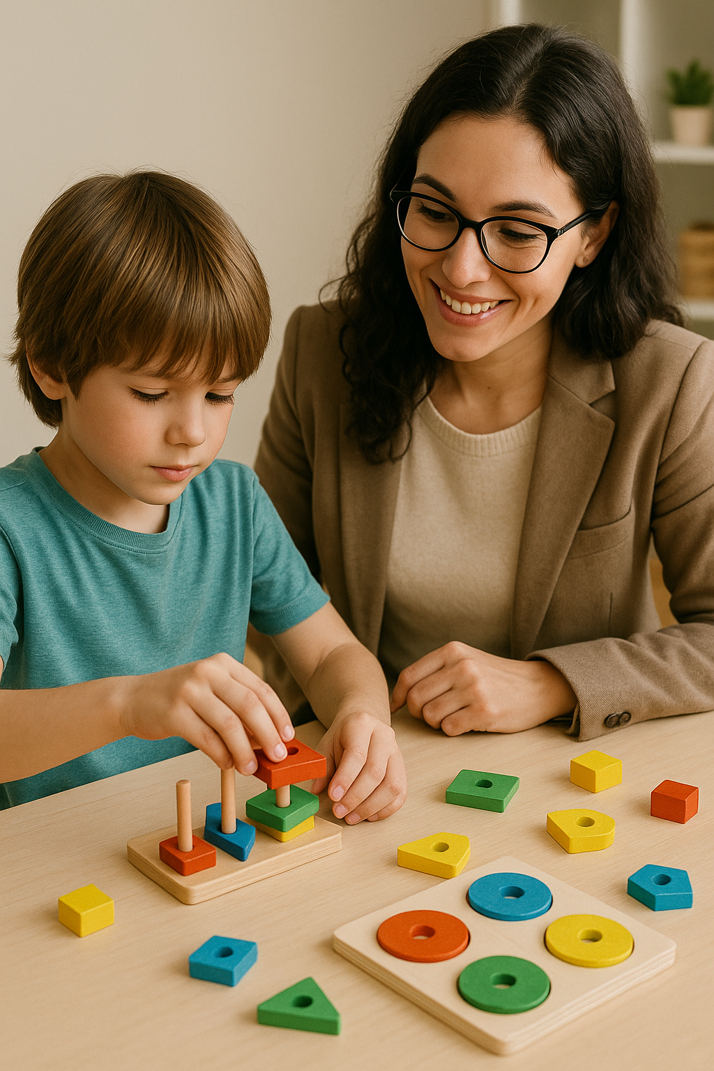 Terapeuta e menino trabalhando com jogos educativos de madeira